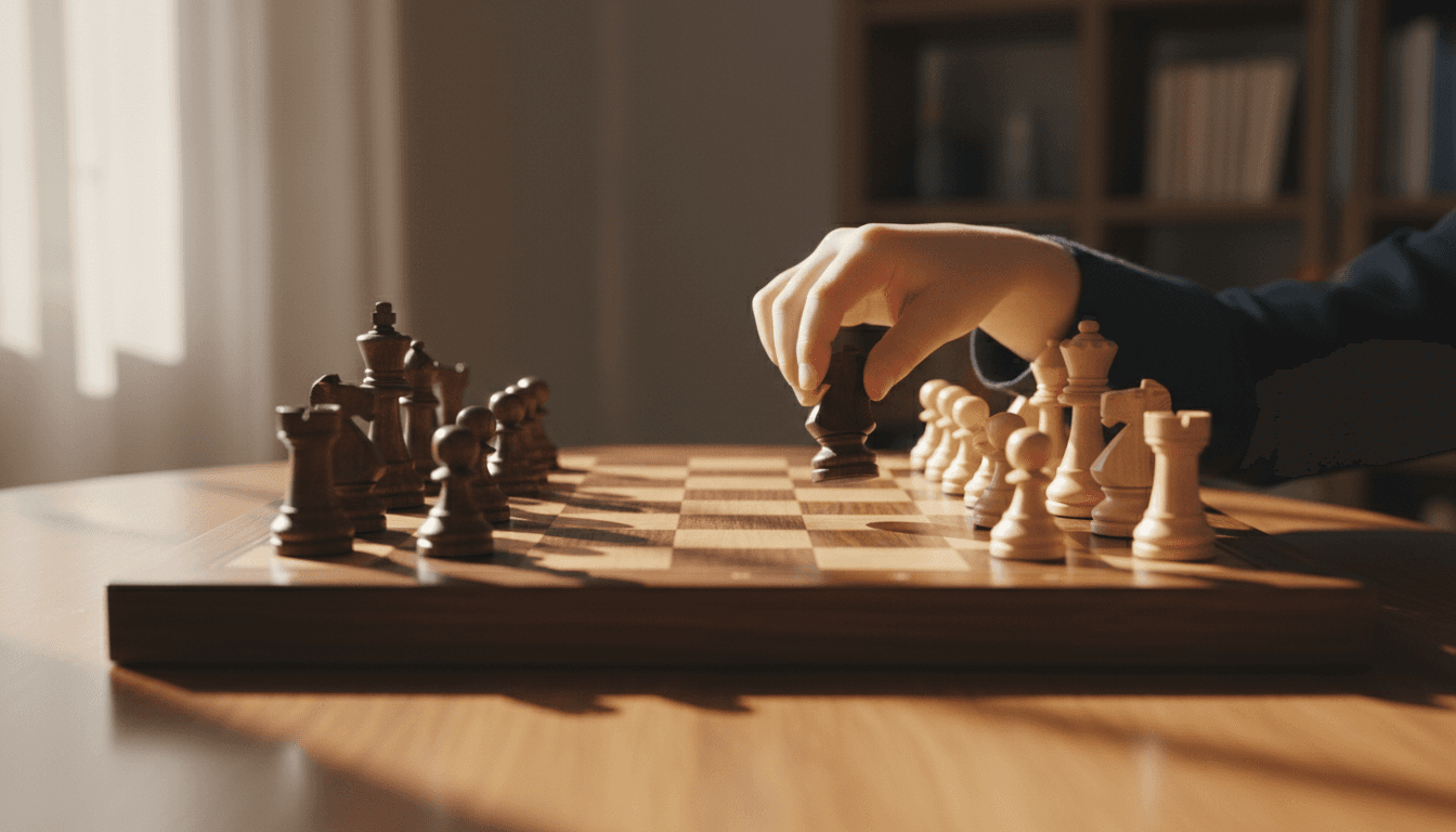Child's hands moving a chess piece on a wooden board in soft daylight