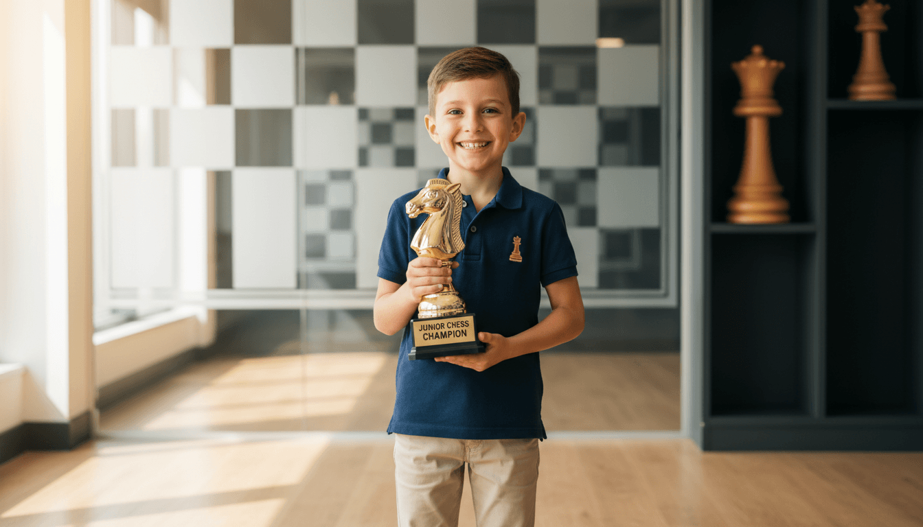Smiling boy holds a golden knight trophy labeled Junior Chess Champion in a room.
