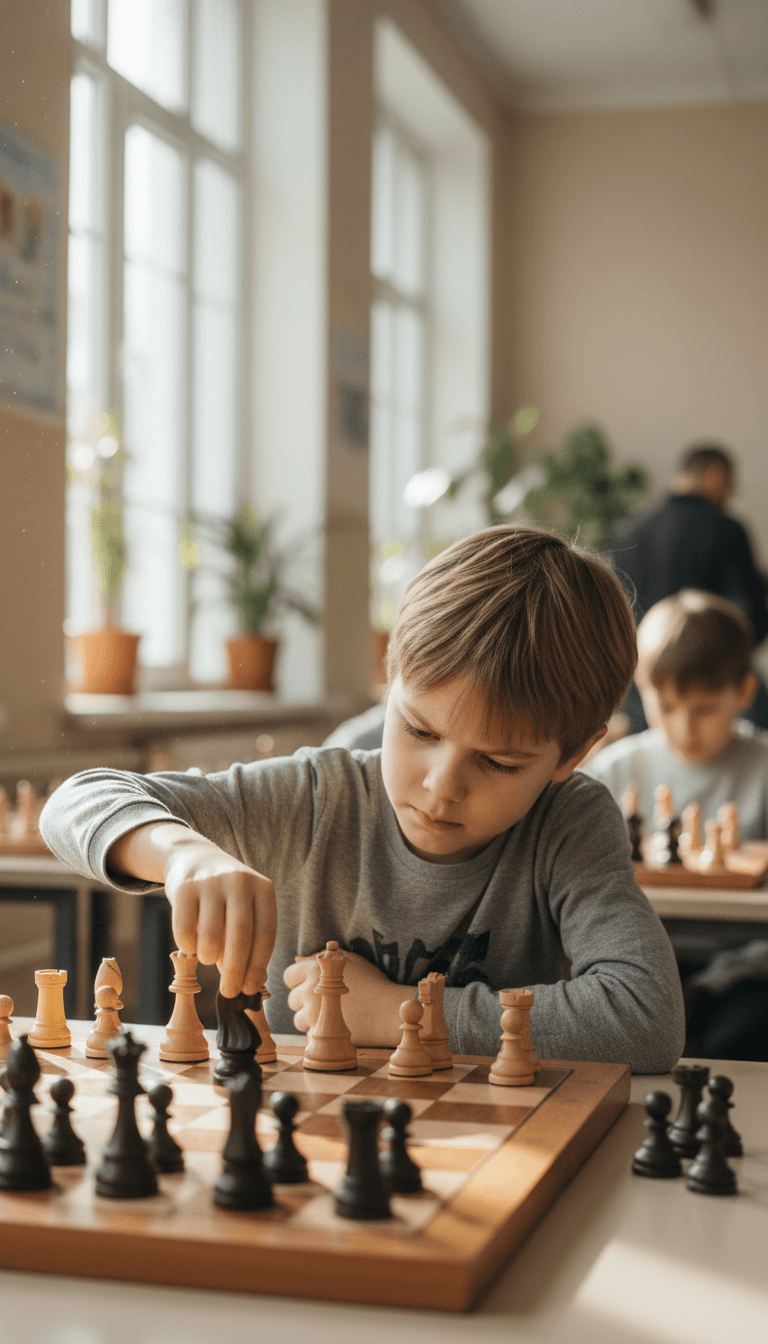 Young student thinking over a move during a junior chess class in Surrey