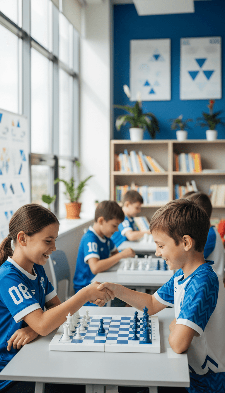 Two junior chess players shaking hands before a match in a Surrey club