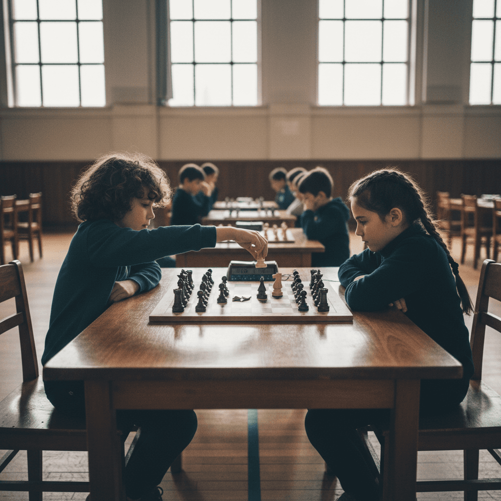 Two children playing chess at a tournament with clocks and boards visible