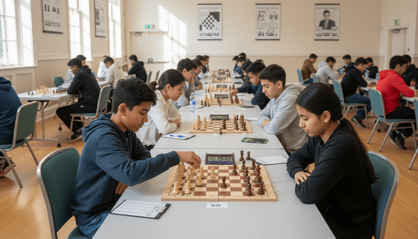 Diverse young chess players competing simultaneously in tournament-style matches throughout bright, naturally lit community hall