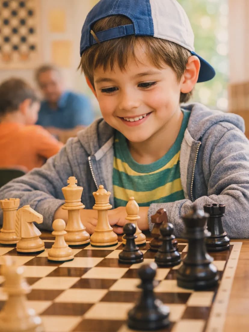 Smiling young boy in a blue cap plays chess with wooden pieces on a board.