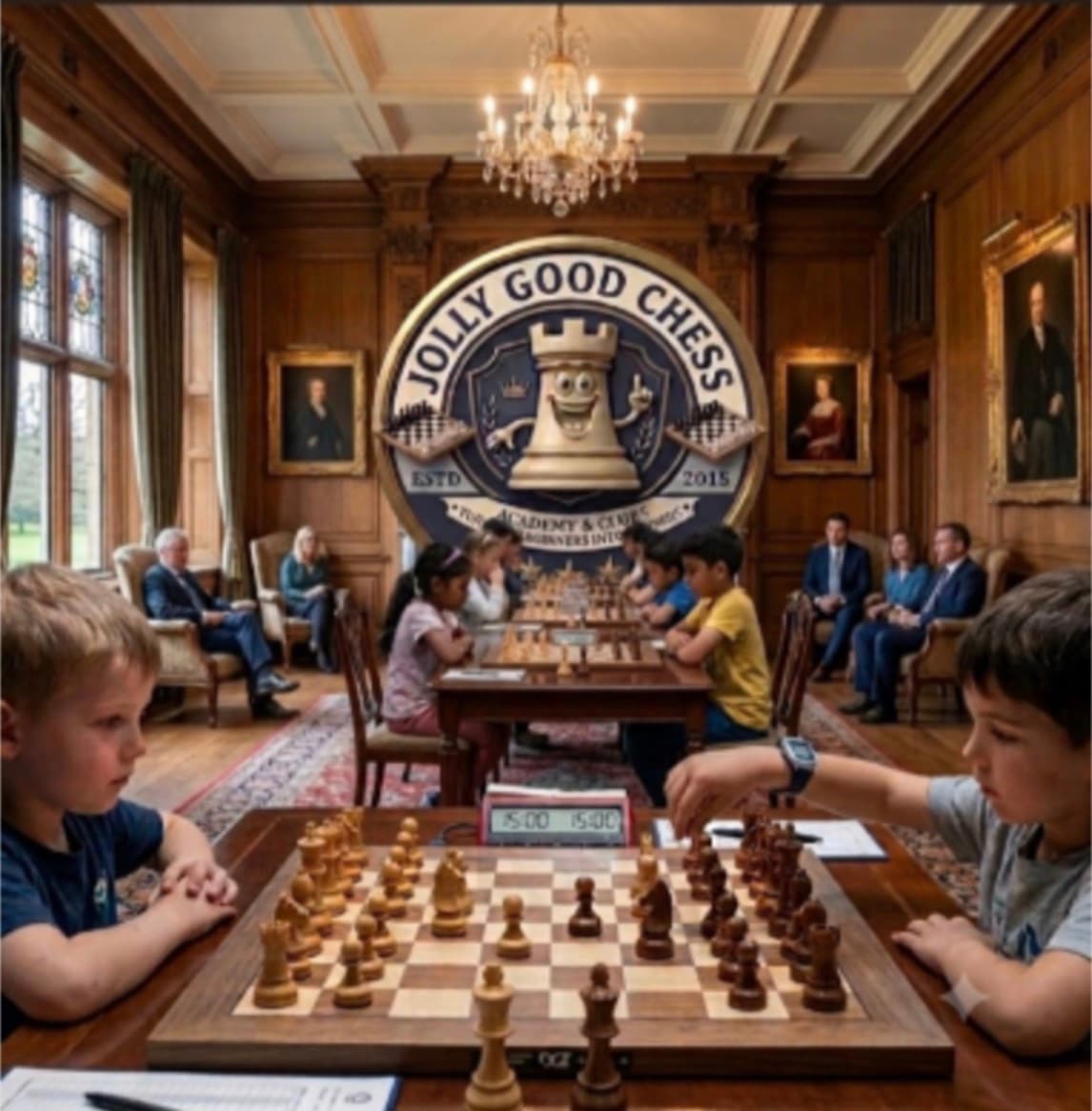 Children playing chess in a stately room featuring a large Jolly Good Chess academy logo.