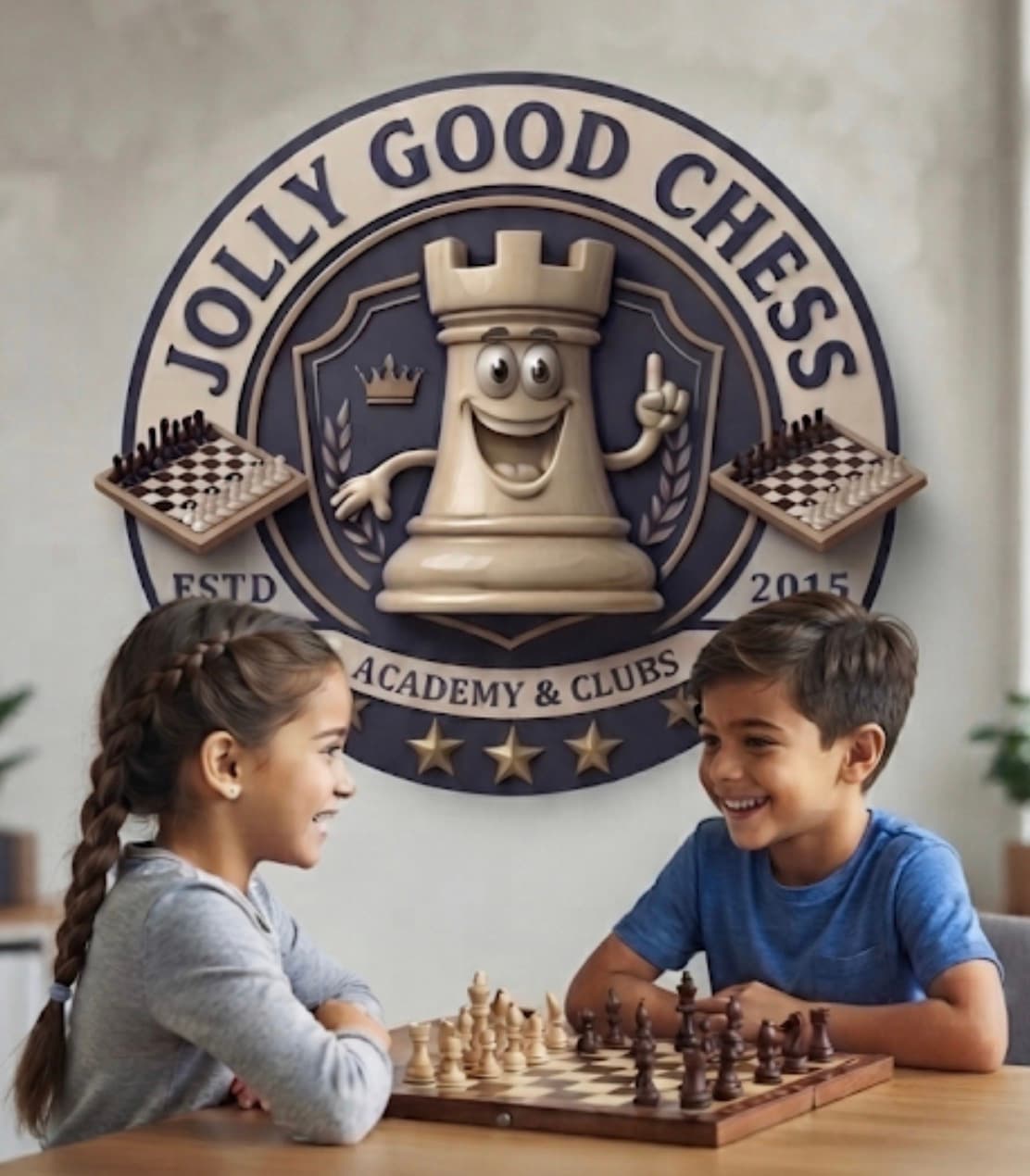 Two smiling children play chess in front of a Jolly Good Chess Academy logo.