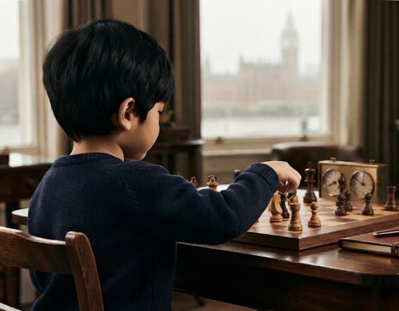 Young boy in a navy sweater playing chess with Big Ben visible through a window.
