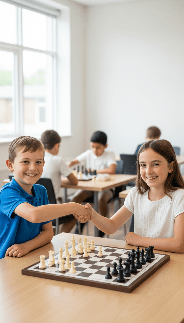 Two junior chess players shaking hands before a match in a Surrey club