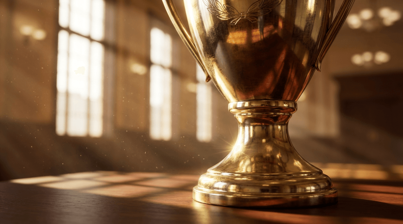 Polished gold trophy in golden sunlight with window reflections and dust motes.