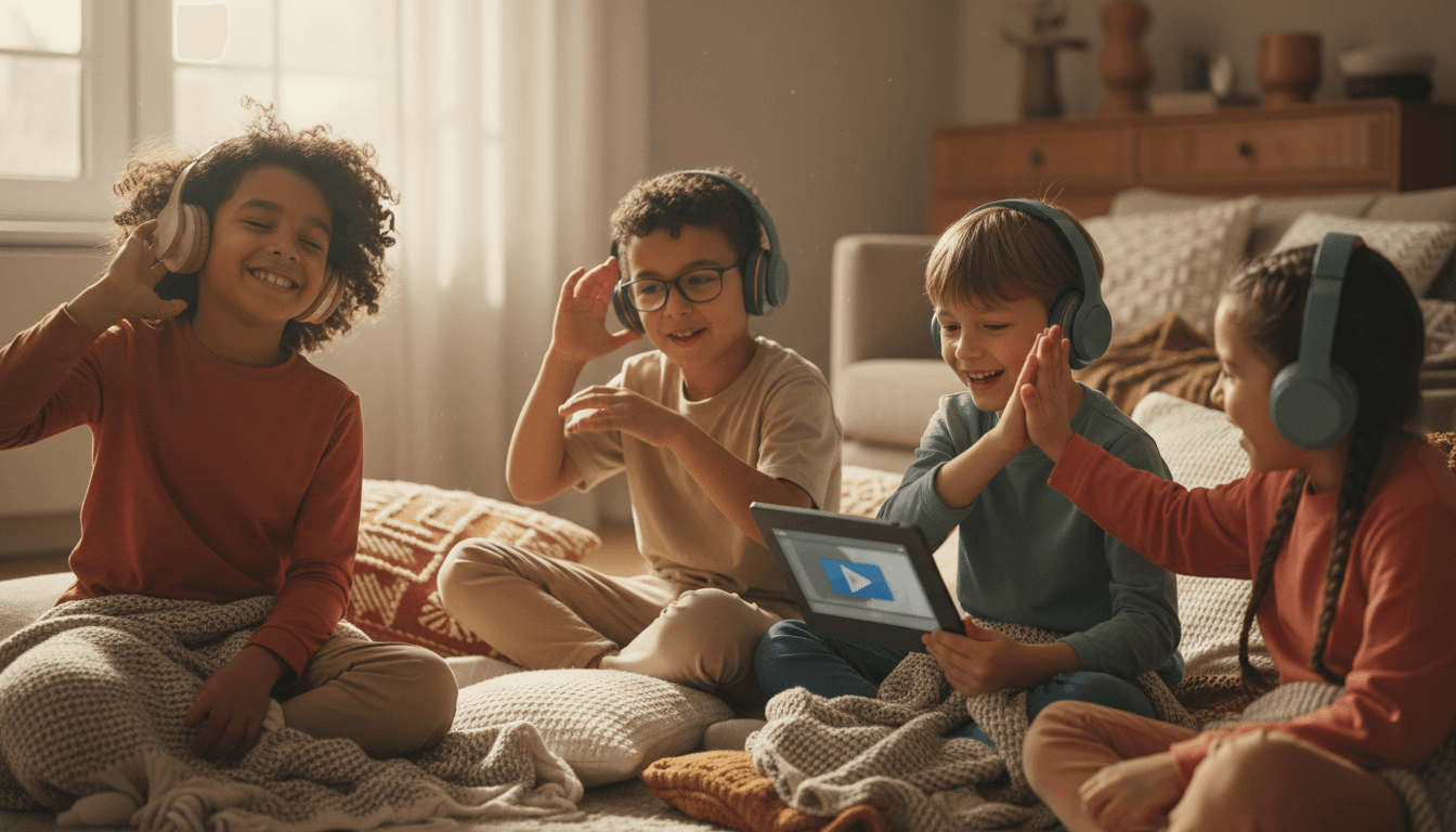 Group of diverse children wearing headphones, listening and responding expressively to interactive audio story in comfortable living room